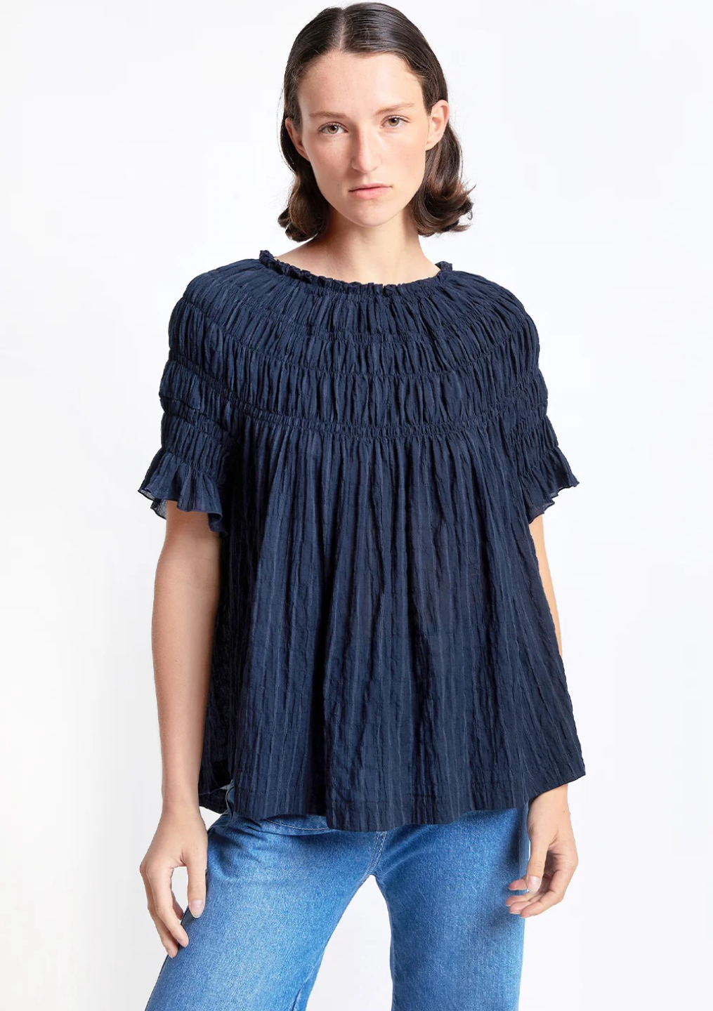 Karen Walker | Organic Cotton Shirred Blouse - Navy Stripe - Contain ...